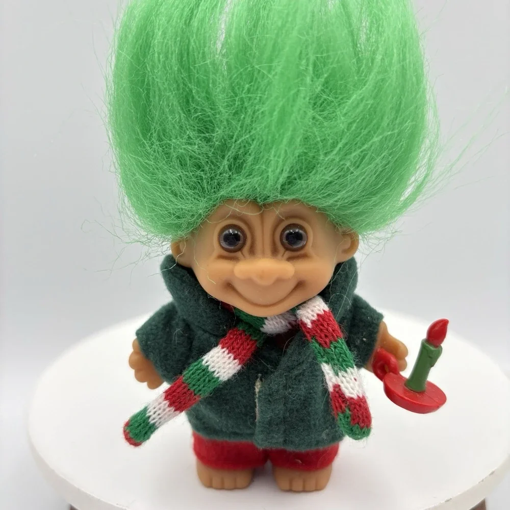 Vintage Christmas Caroler Elf Lucky Troll Doll by Russ Green Hair & Candlestick